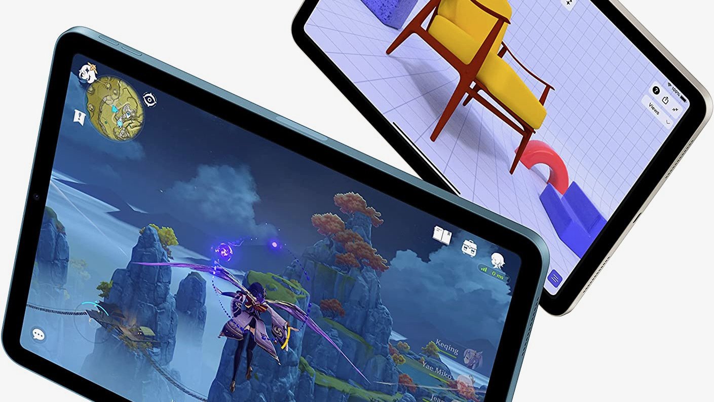 Two ipad airs showing genshin impact mmorpg and design app