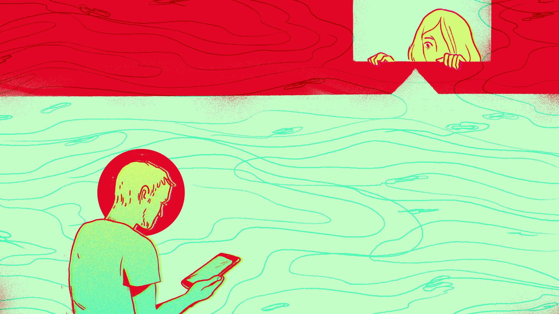 Illustration of a woman looking over a large text bubble at a man staring at a phone.