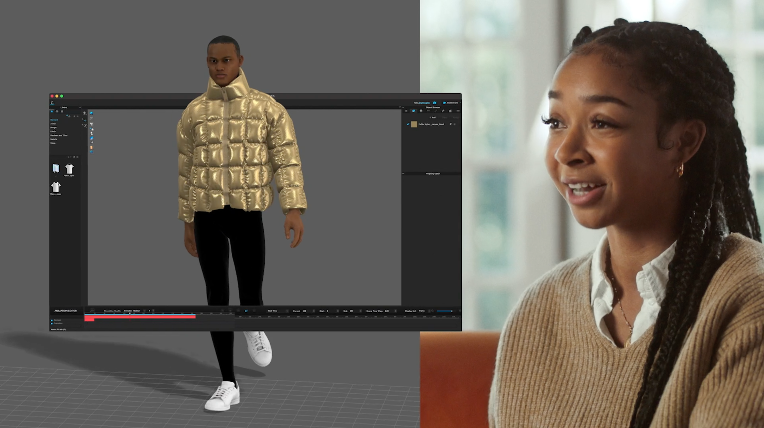 A split screen featuring an iPad with a clothing model and a woman developer discussing the work on the iPad.