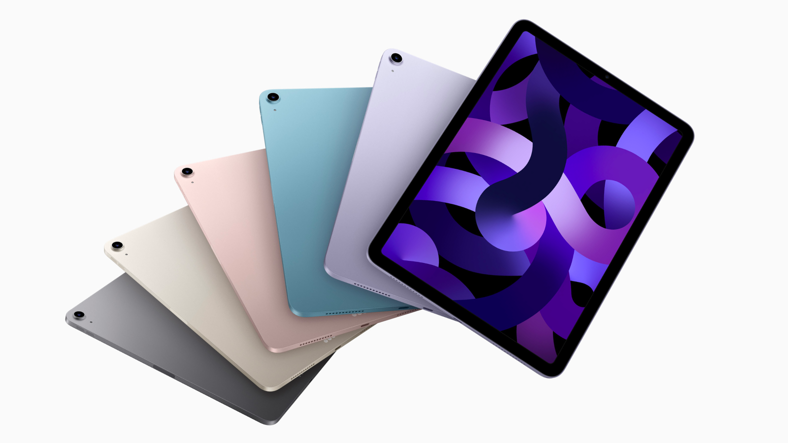 all colors of the new ipad air lined up next to each other