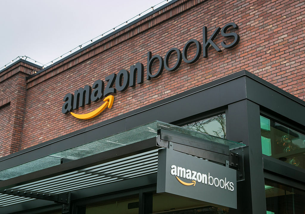 Amazon Books on top of a brick building and awning.
