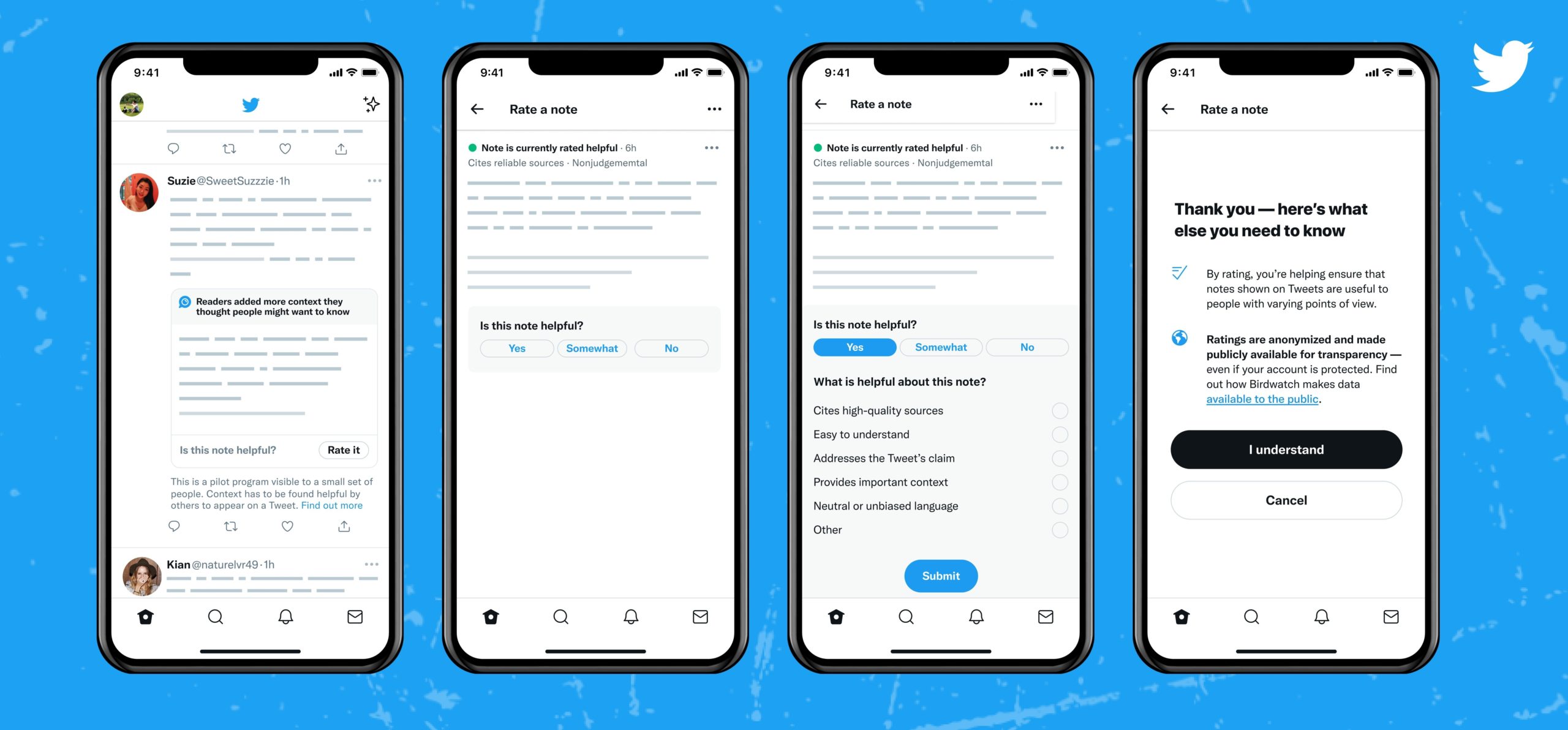 Image of iPhone screens of Twitter's Birdwatch feature