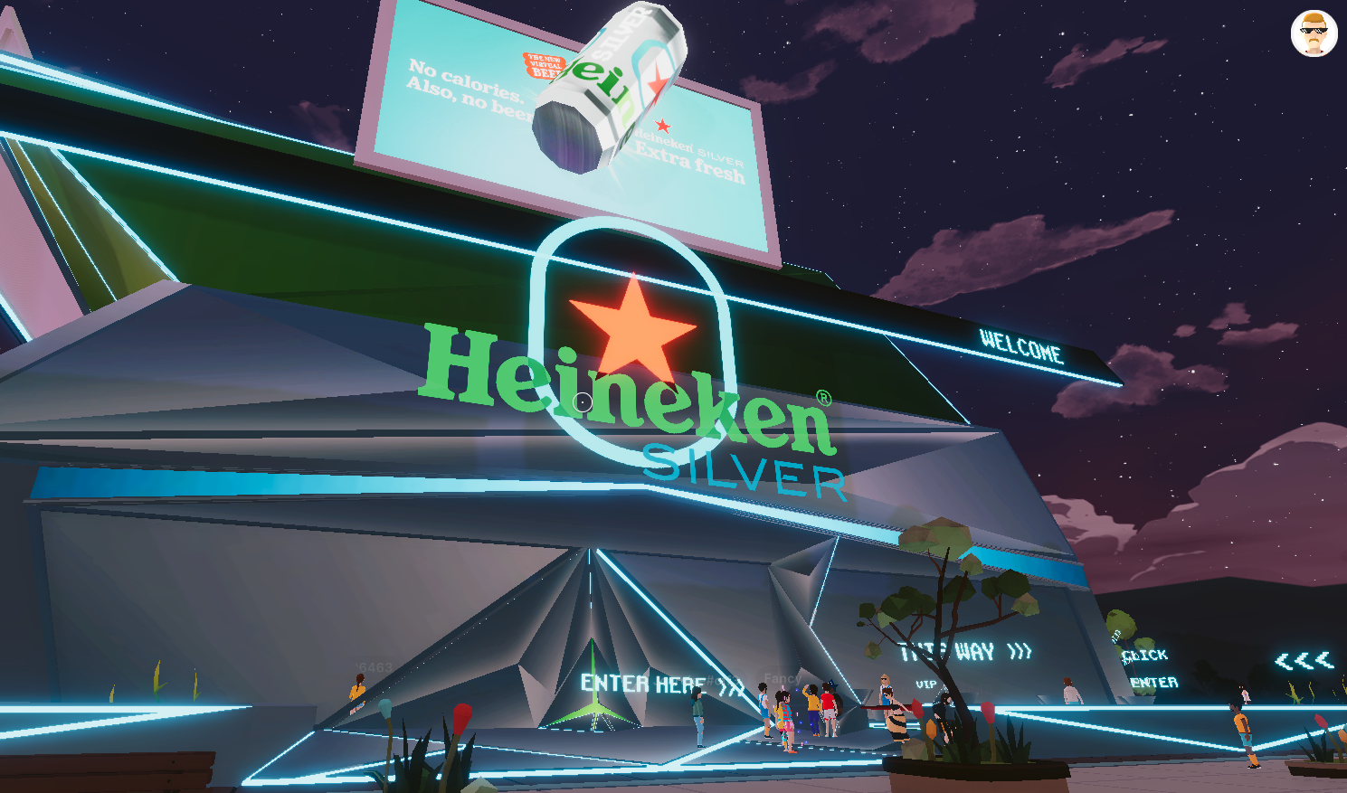 Screenshot of the exterior of Heineken's metaverse brewery in Decentraland.