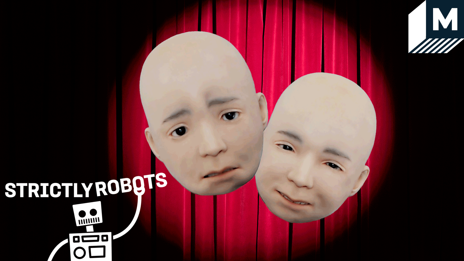 Two faces of android in front of a curtain, one sad and one happy. 