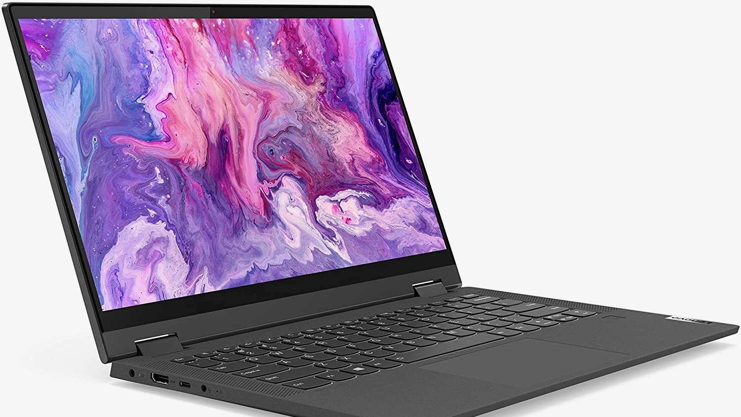 Black laptop showing pink and purple pattern on screen