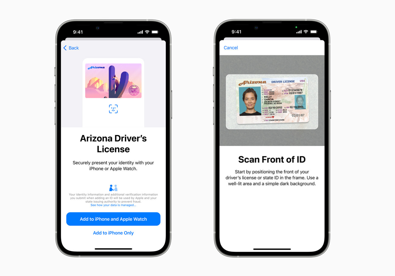 The Apple Wallet app instructing how to upload a driver's license.