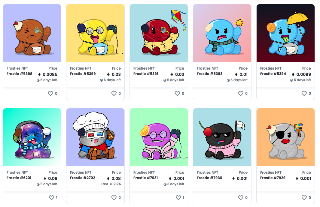 Screenshot of the OpenSea Frosties collection.