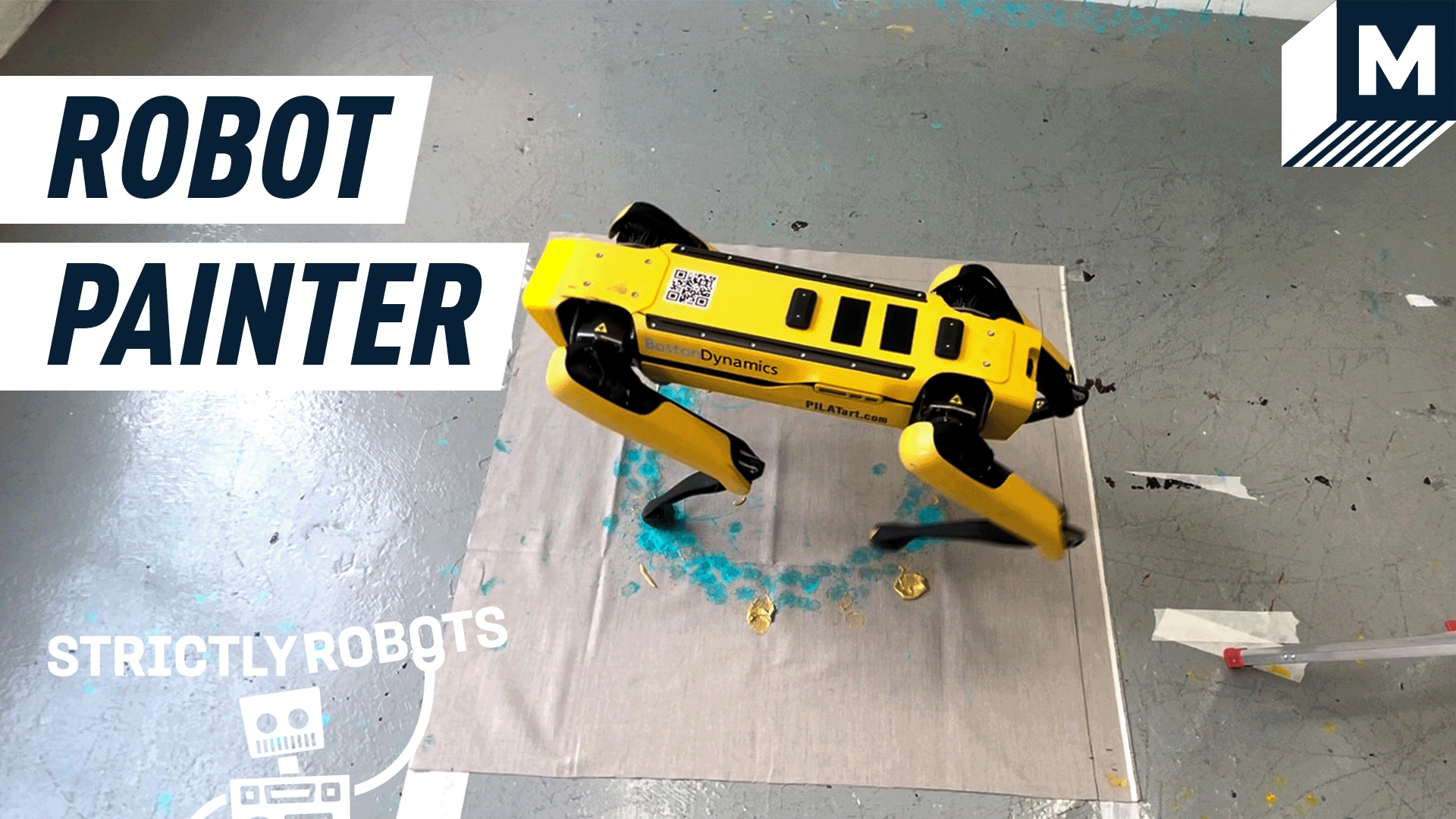 A boston dynamics spot robot marching around a canvas with paint