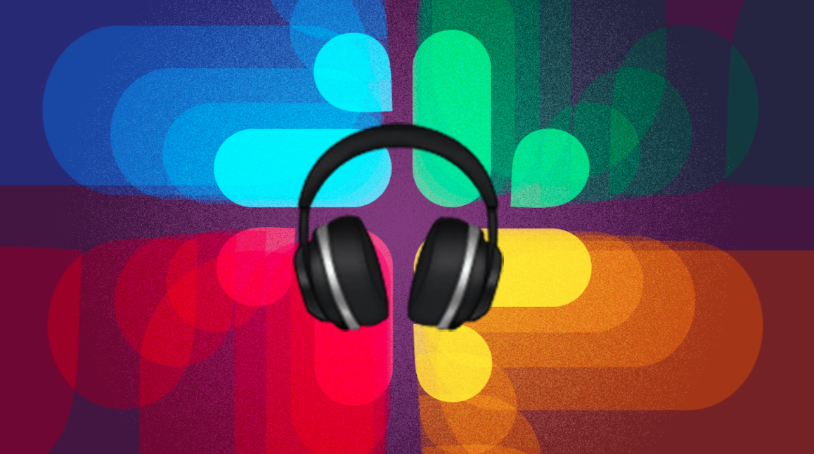 A headphones emoji atop a background of Slack's red, blue, green, and yellow logo.