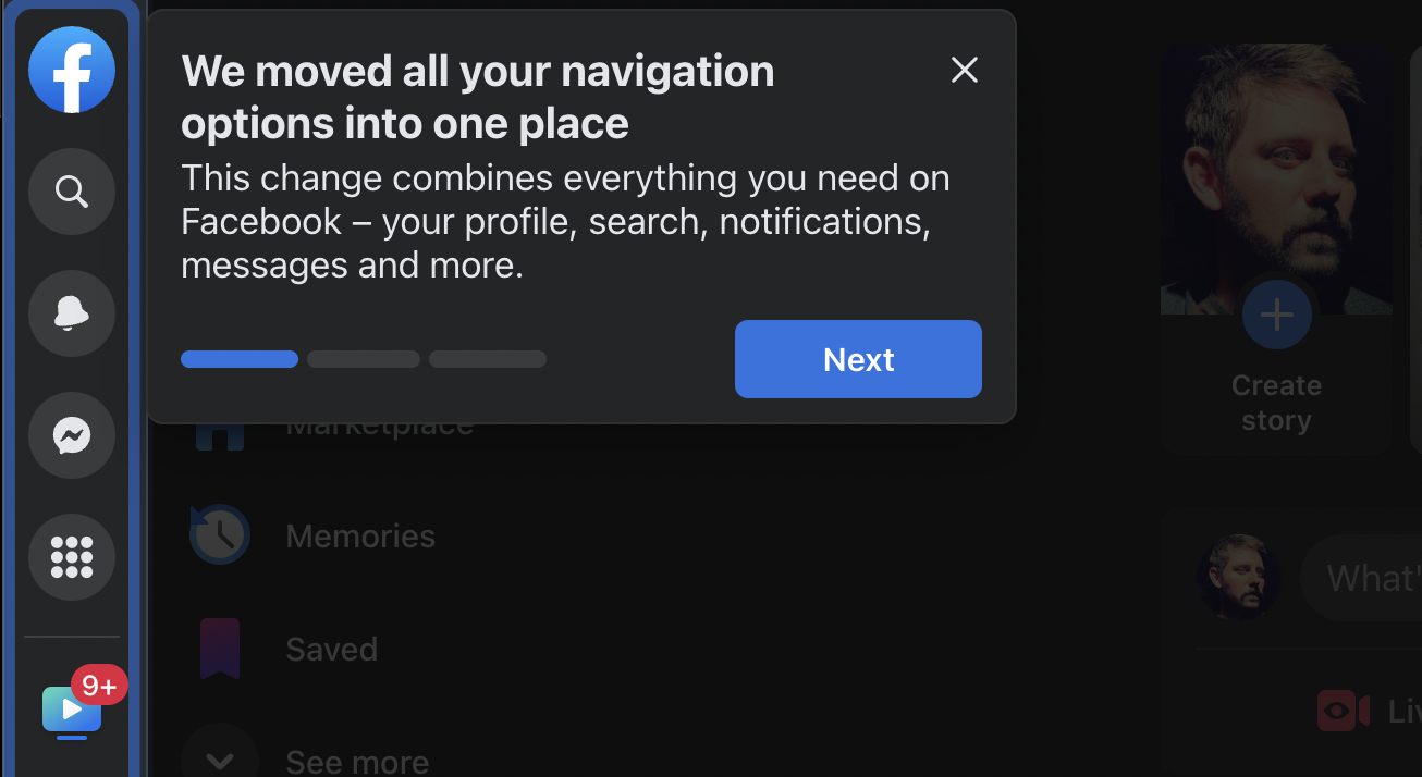 A screenshot of Facebook's redesign showing the navigation tools moved to the left.