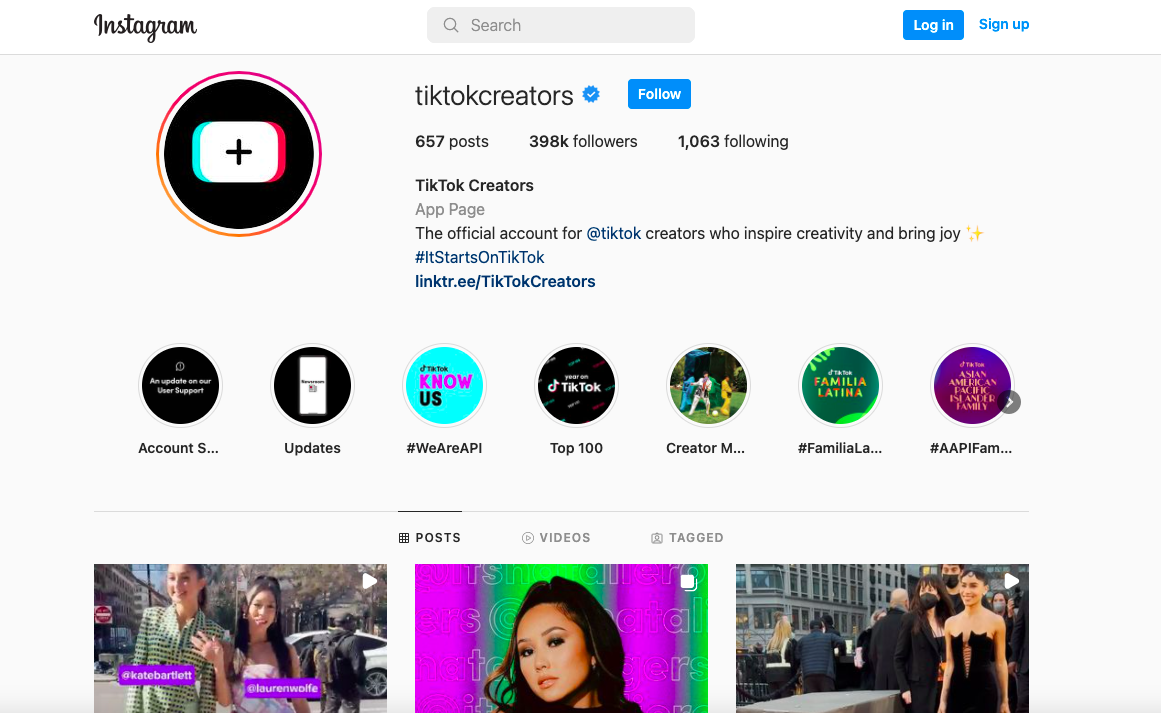 A screenshot of TikTok Creators account on Instagram.