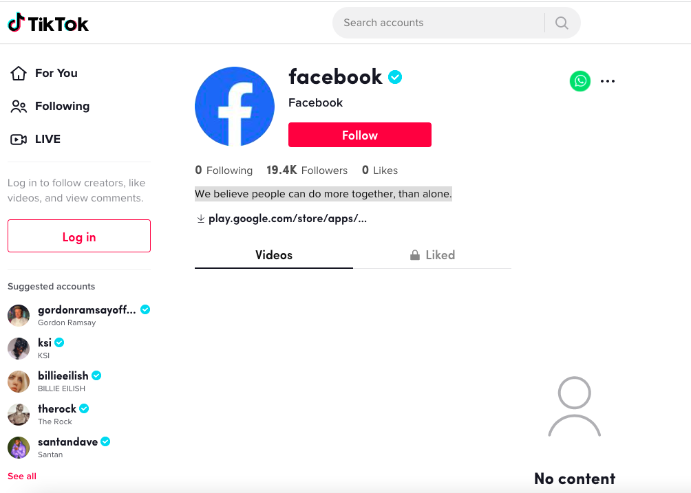 A screenshot of Facebook's TikTok account.