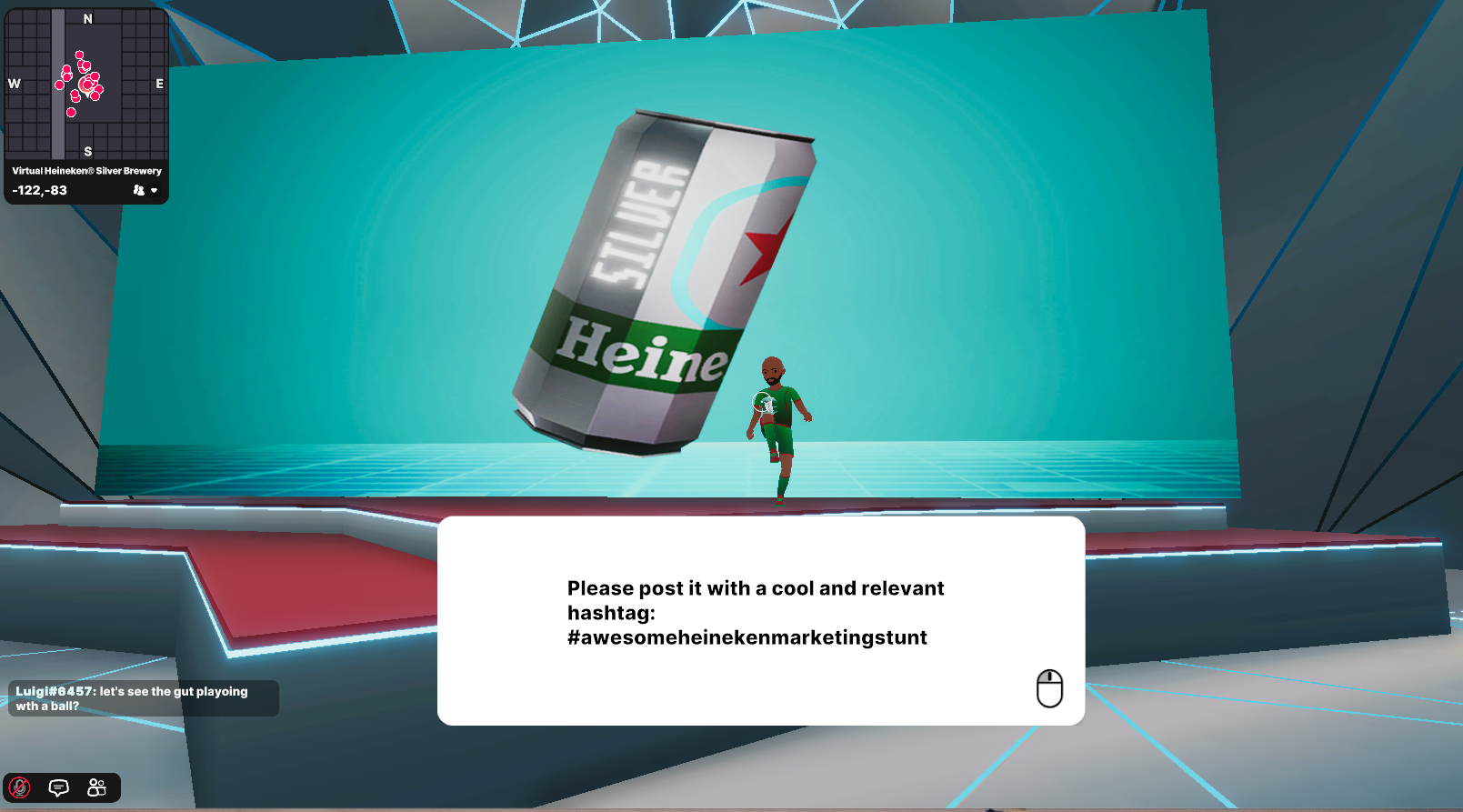 Screenshot of interior of Heineken's Dencentraland "brewery" depicting a cartoon man juggling a beer can like a soccer ball.