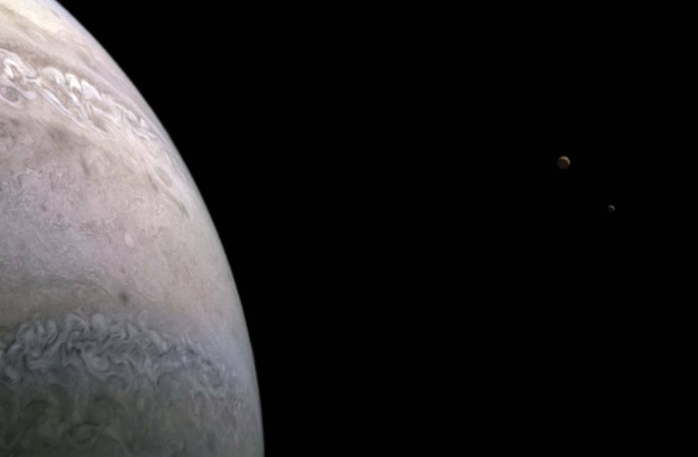 Jupiter and its two large moons Io and Europa