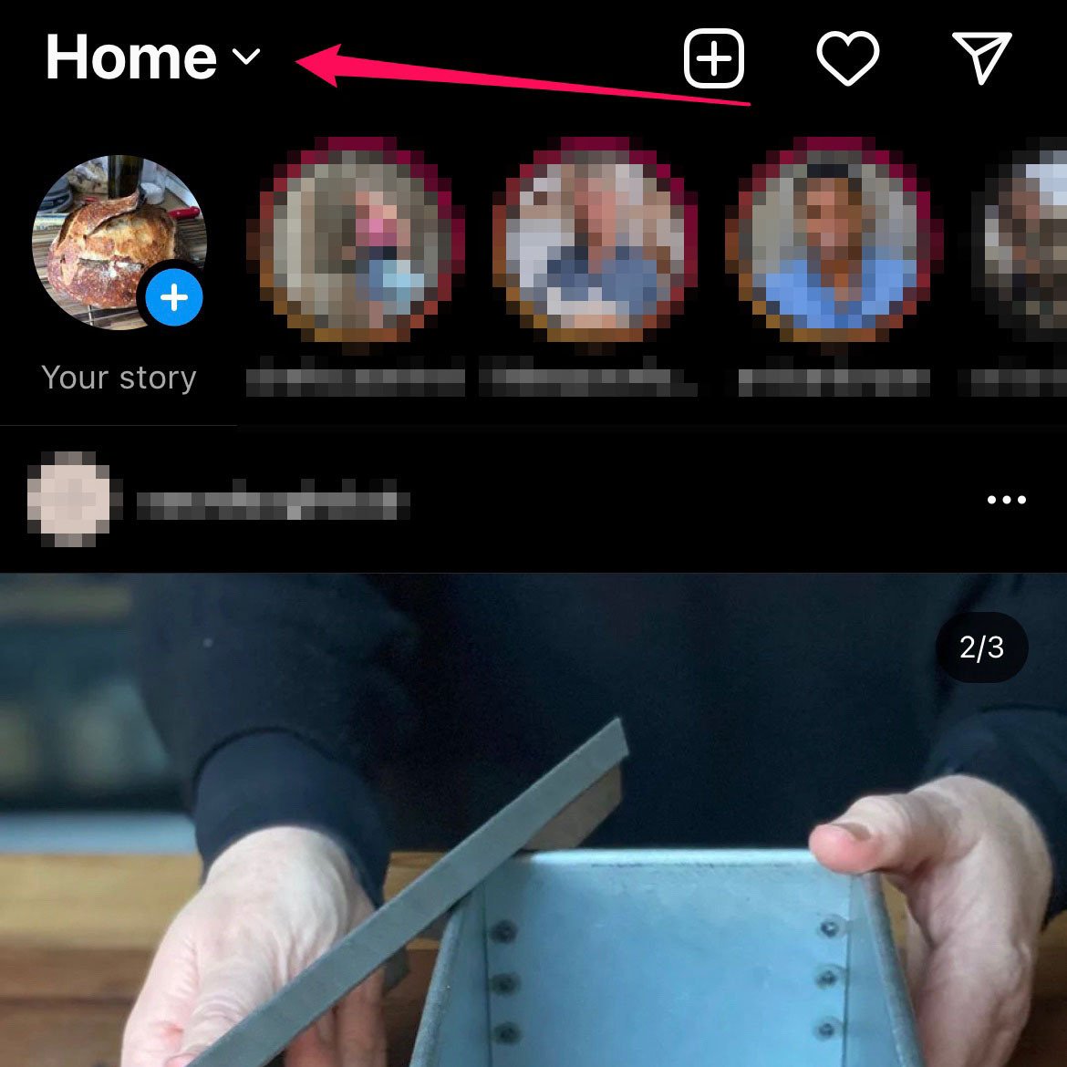 Arrow pointing to "Home" on Instagram.
