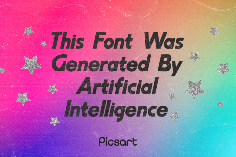 A rainbow-colored screen with words from an AI-generated font.