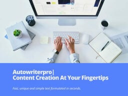 Hands typing on keyboard at white desk with monitor, notebook, plants, and other paraphernalia, and banner ad for autowriterpro under image