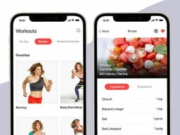 Two phone screens showing fitness app pages with workouts and meal plans