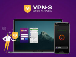 vpn screen on laptop with phone beside it over purple background, and a figure of a person holding a yellow vpnsecure logo
