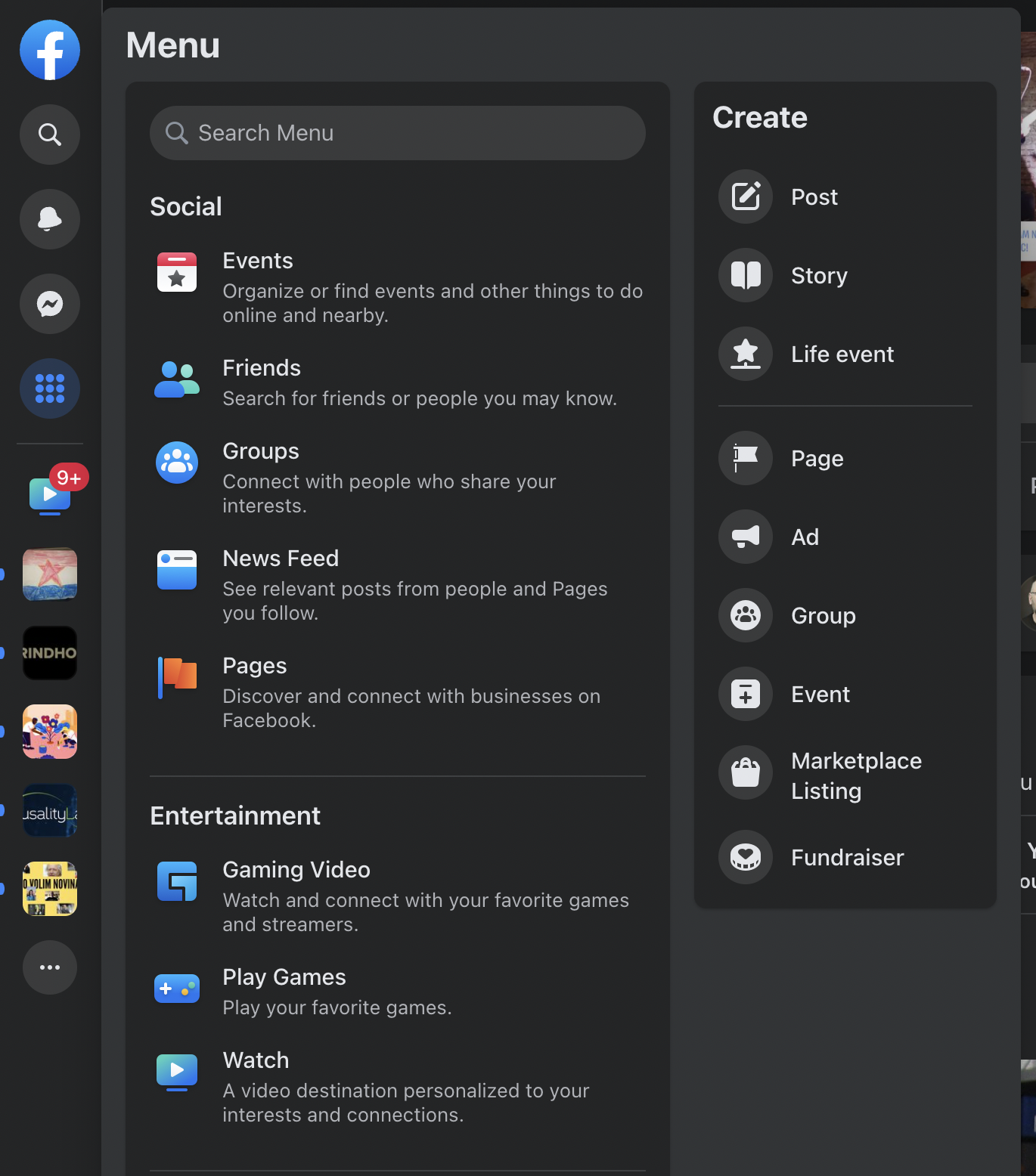 A screenshot of Facebook's redesigned menu.