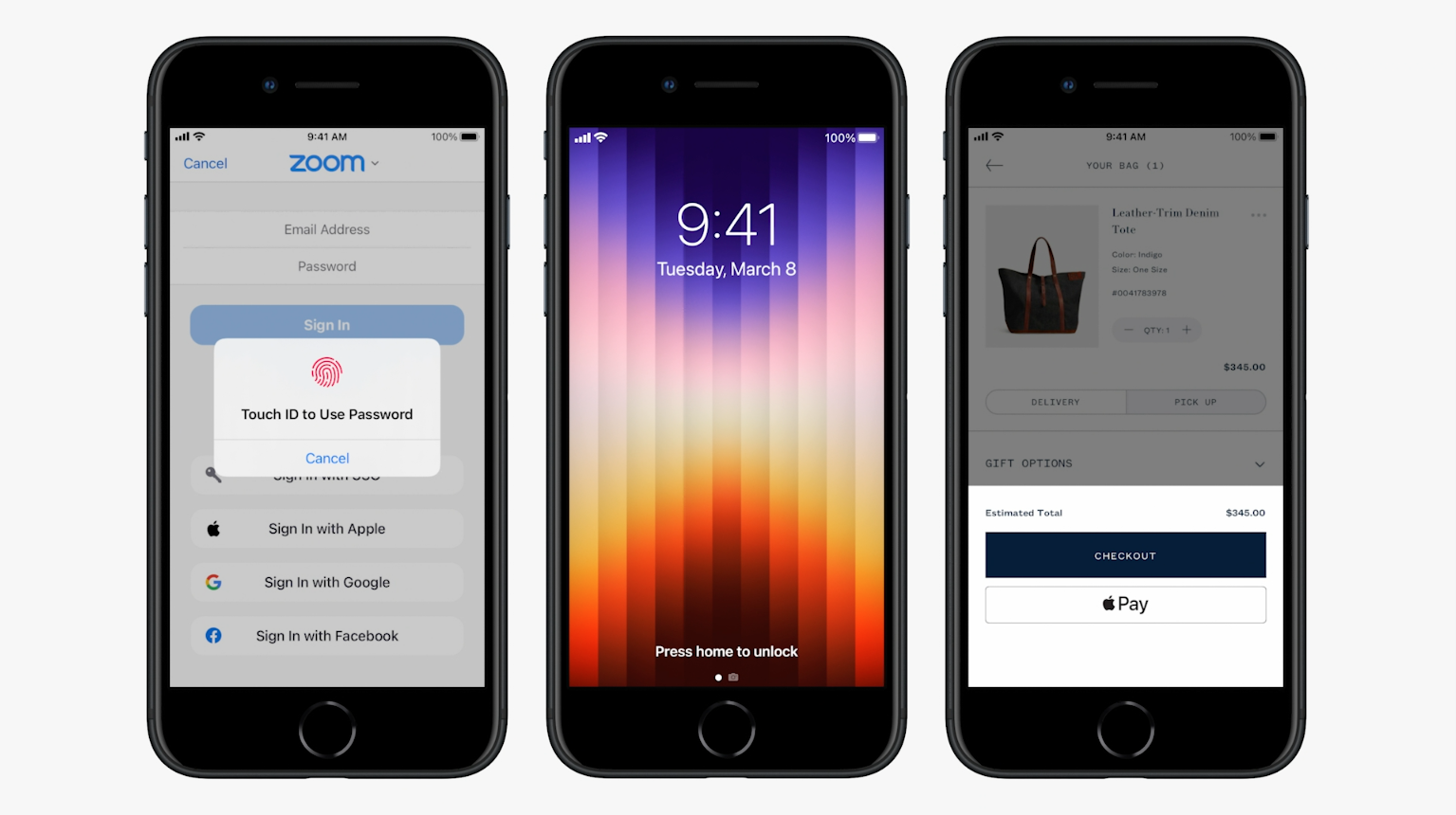 Three screens of the iPhone SE showing the home button.