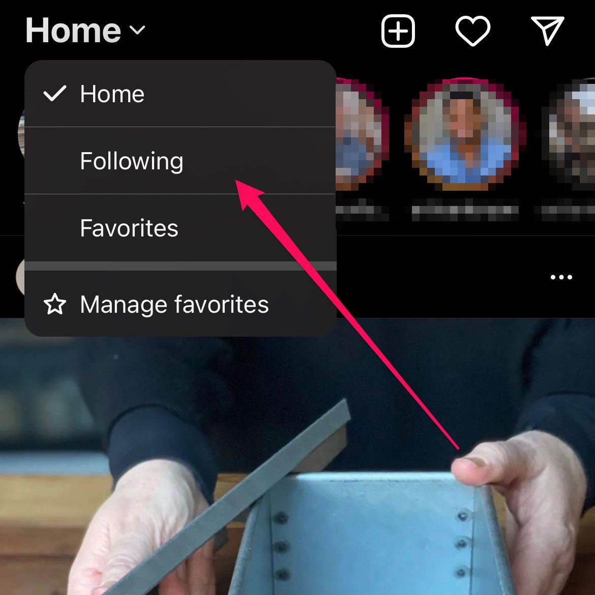 Arrow pointing to "Following" on Instagram.