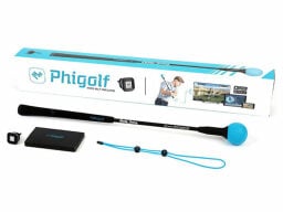 Blue golf stick box set with black golf club, black sensor, and blue cord