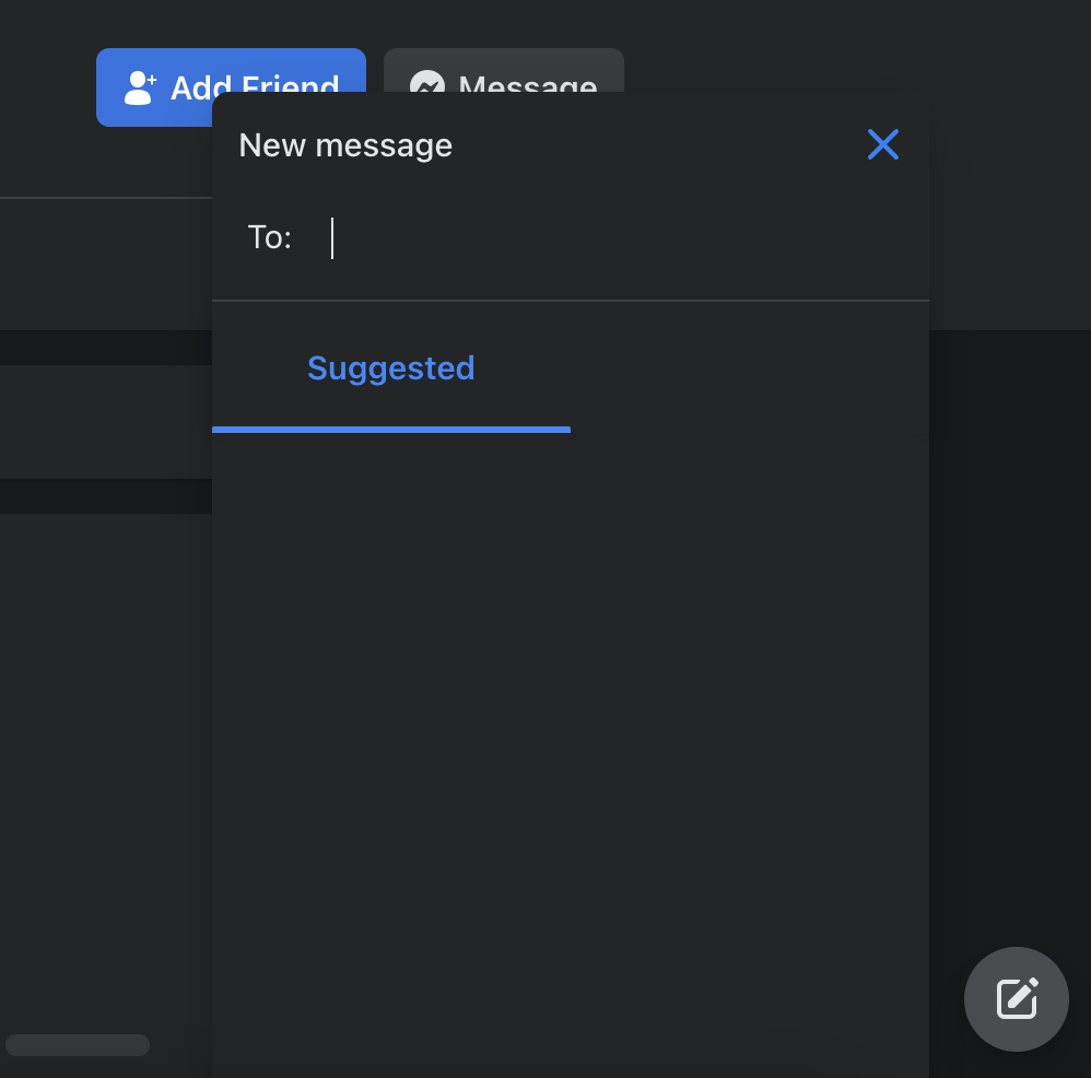 A screenshot of Facebook's Message tool showing no suggestions for senders.