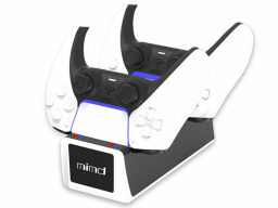 White and black controller dock with two controllers plugged in