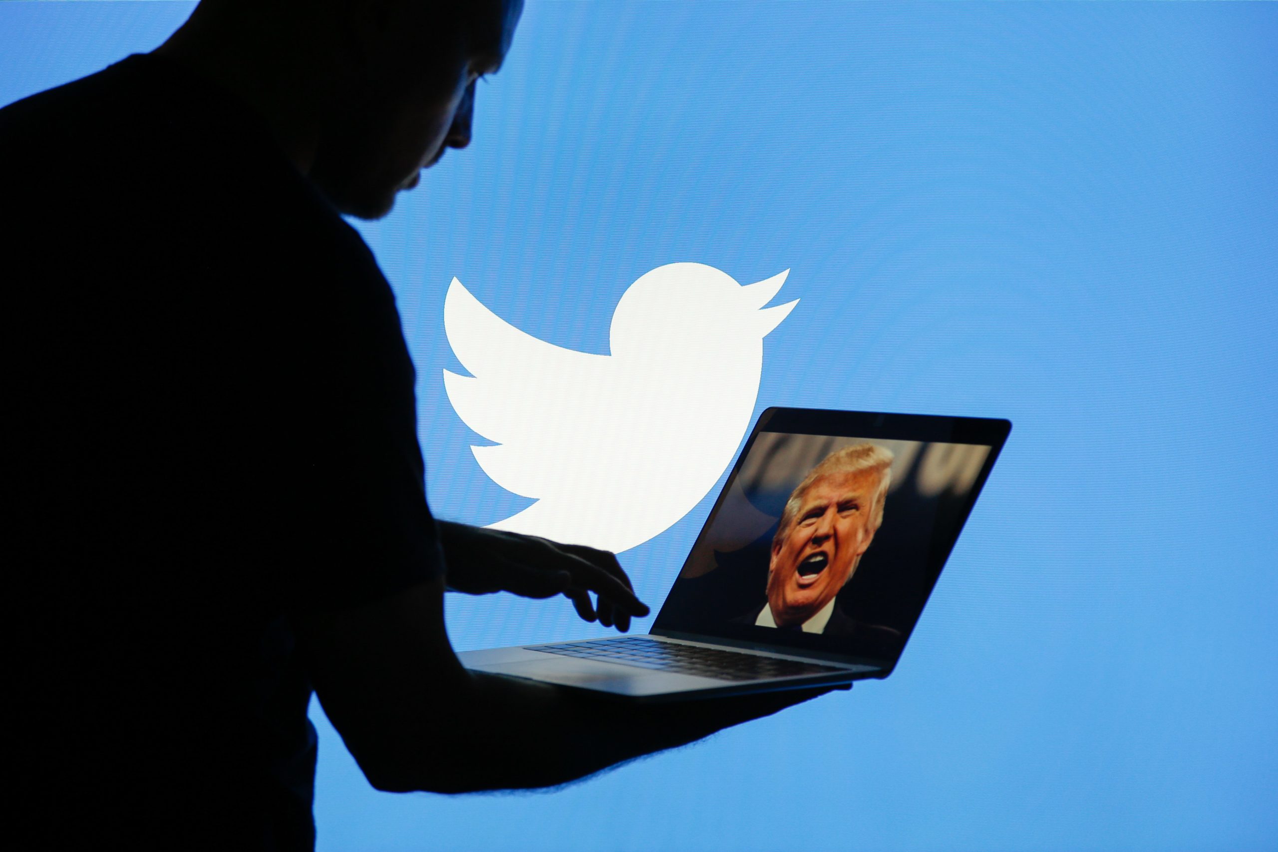Twitter logo with user on computer with Trump's image