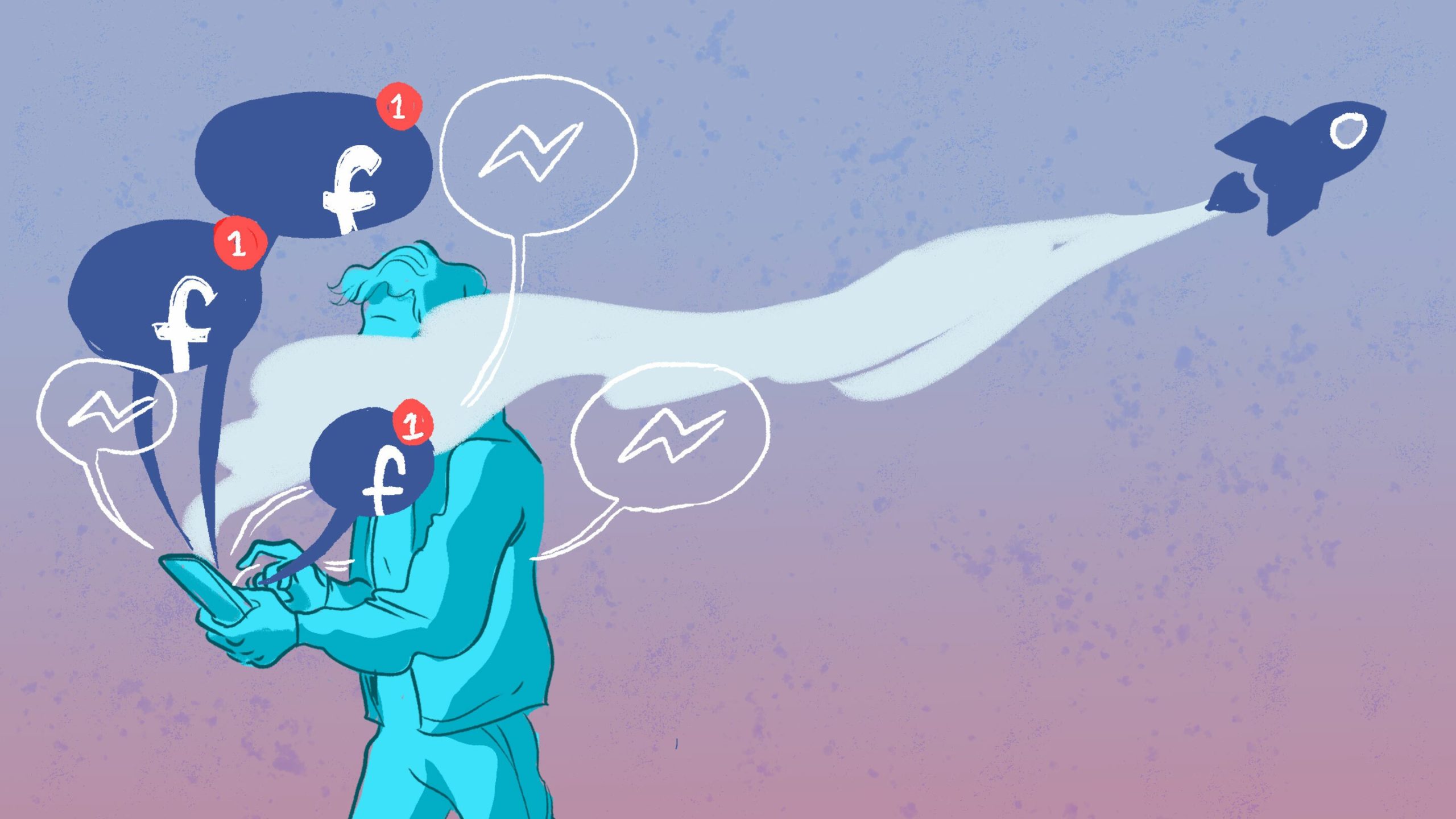 Facebook activity as represented by a floating miasma of mobile phone notifications and a rocket flying past the user's face