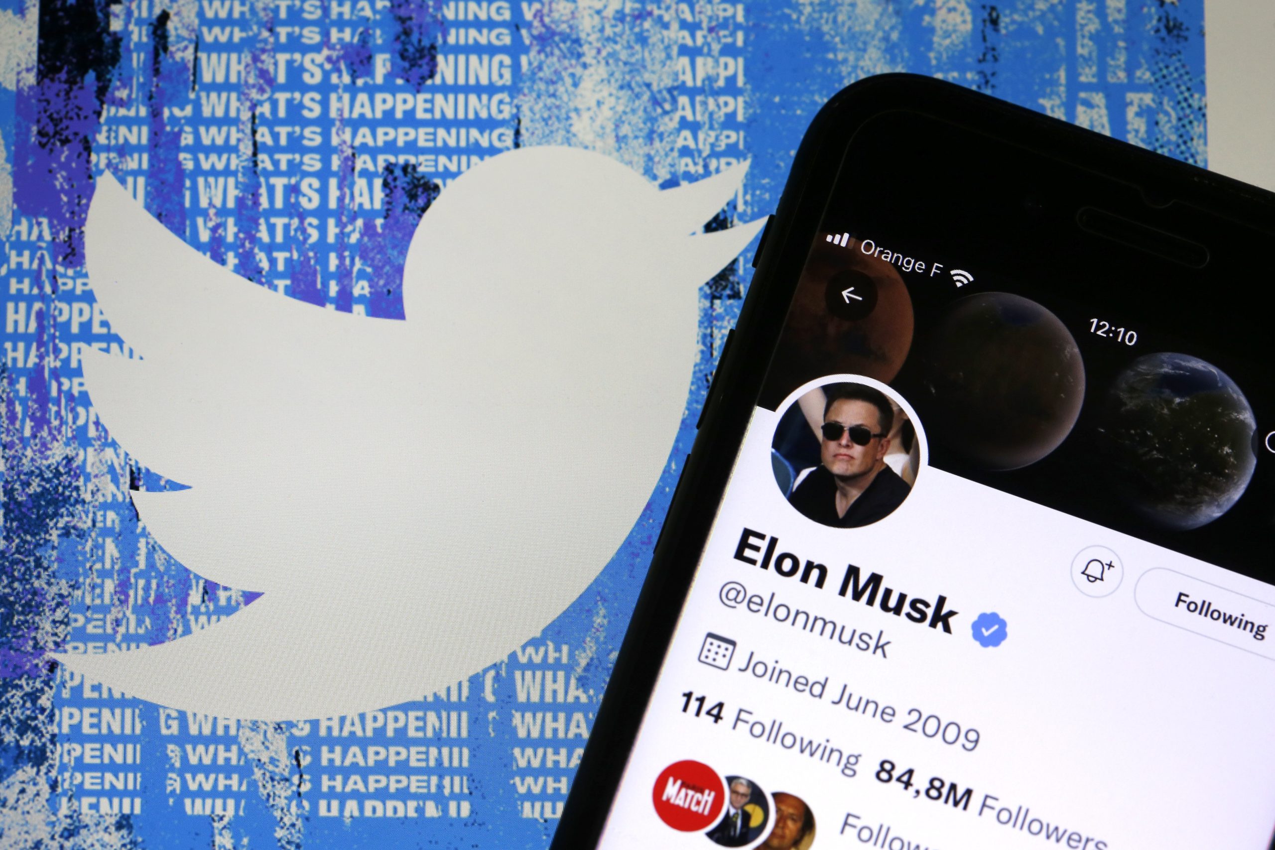 Elon Musk's twitter profile overlaid on the Twitter bird logo.