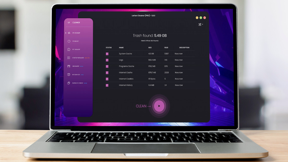 Laptop screen showing file cleaning app open