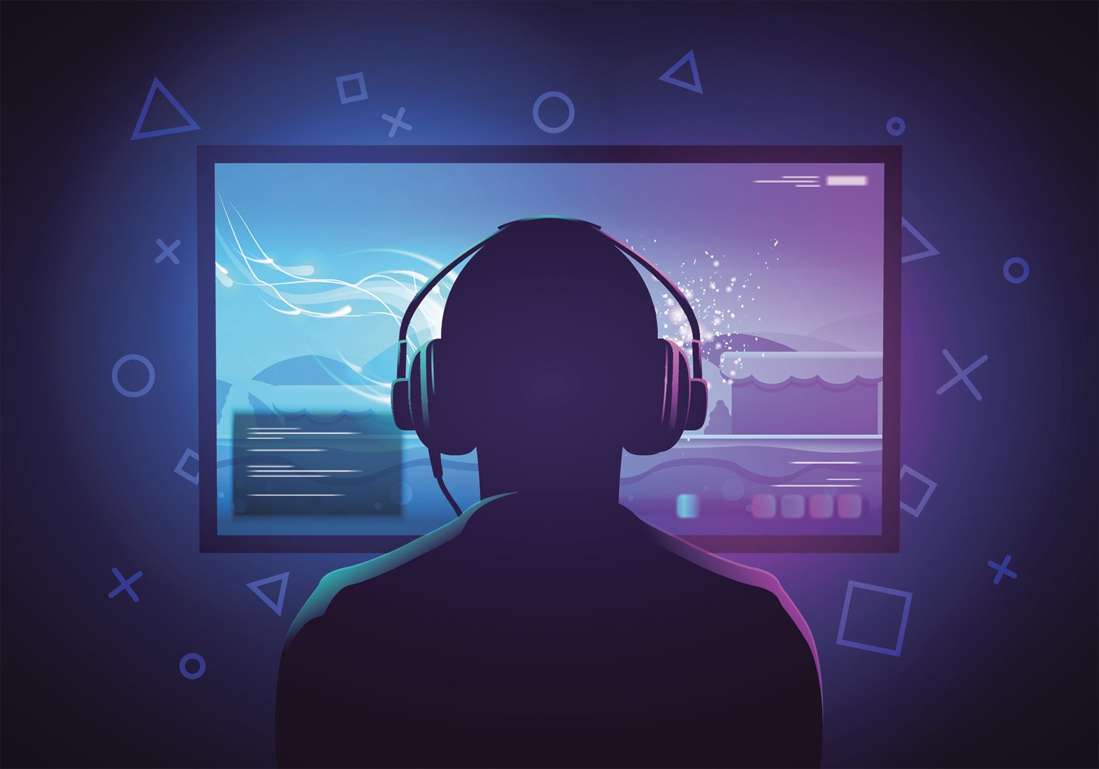 Man with headphones in front of monitor and video game