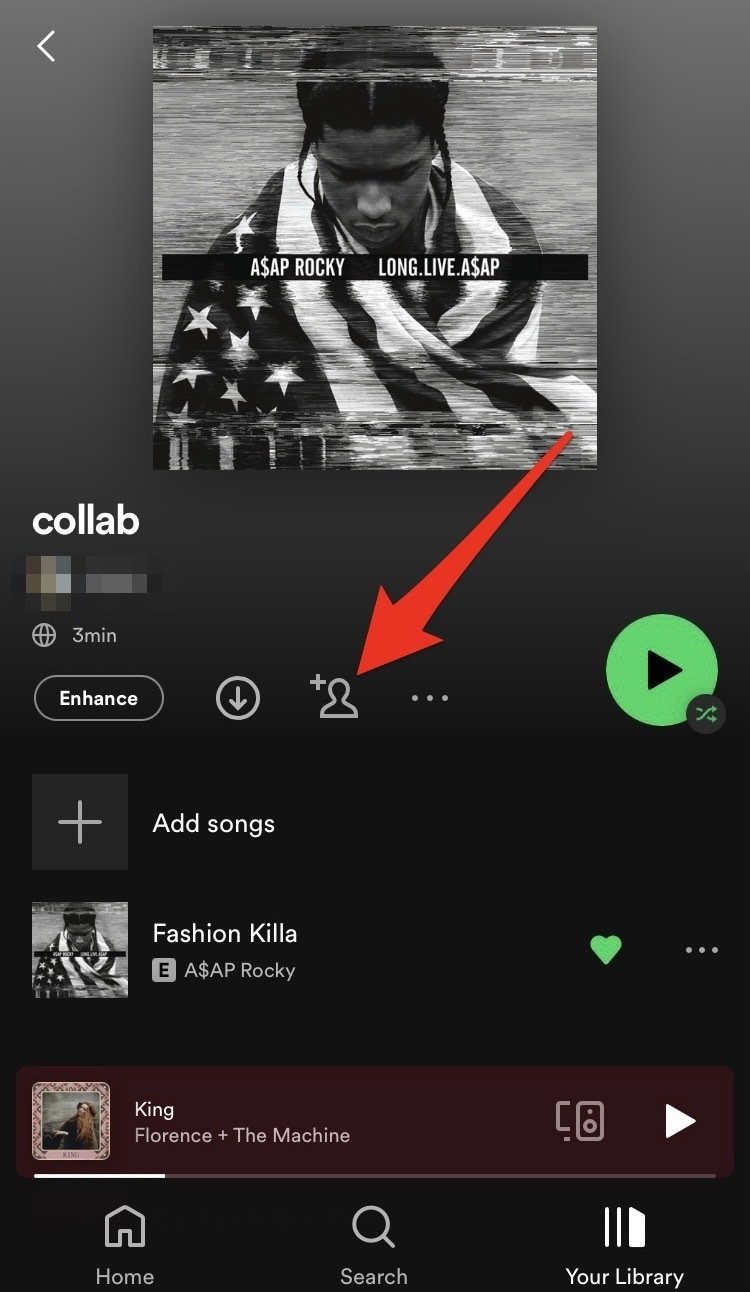Screenshot of a Spotify playlist with a red arrow pointing to the head icon.
