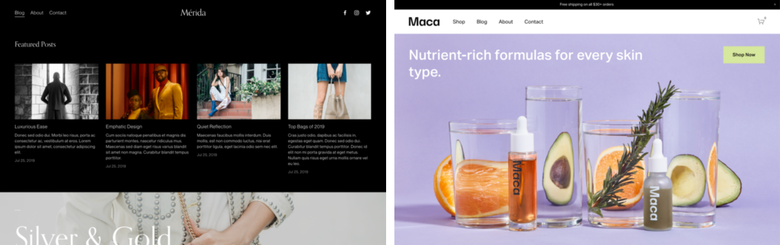 screenshots of the merida and maca squarespace templates side by side