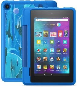 Amazon Fire 7 Kids Pro Tablet with blue case and apps on screen
