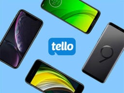 Tello logo surrounded by four phones