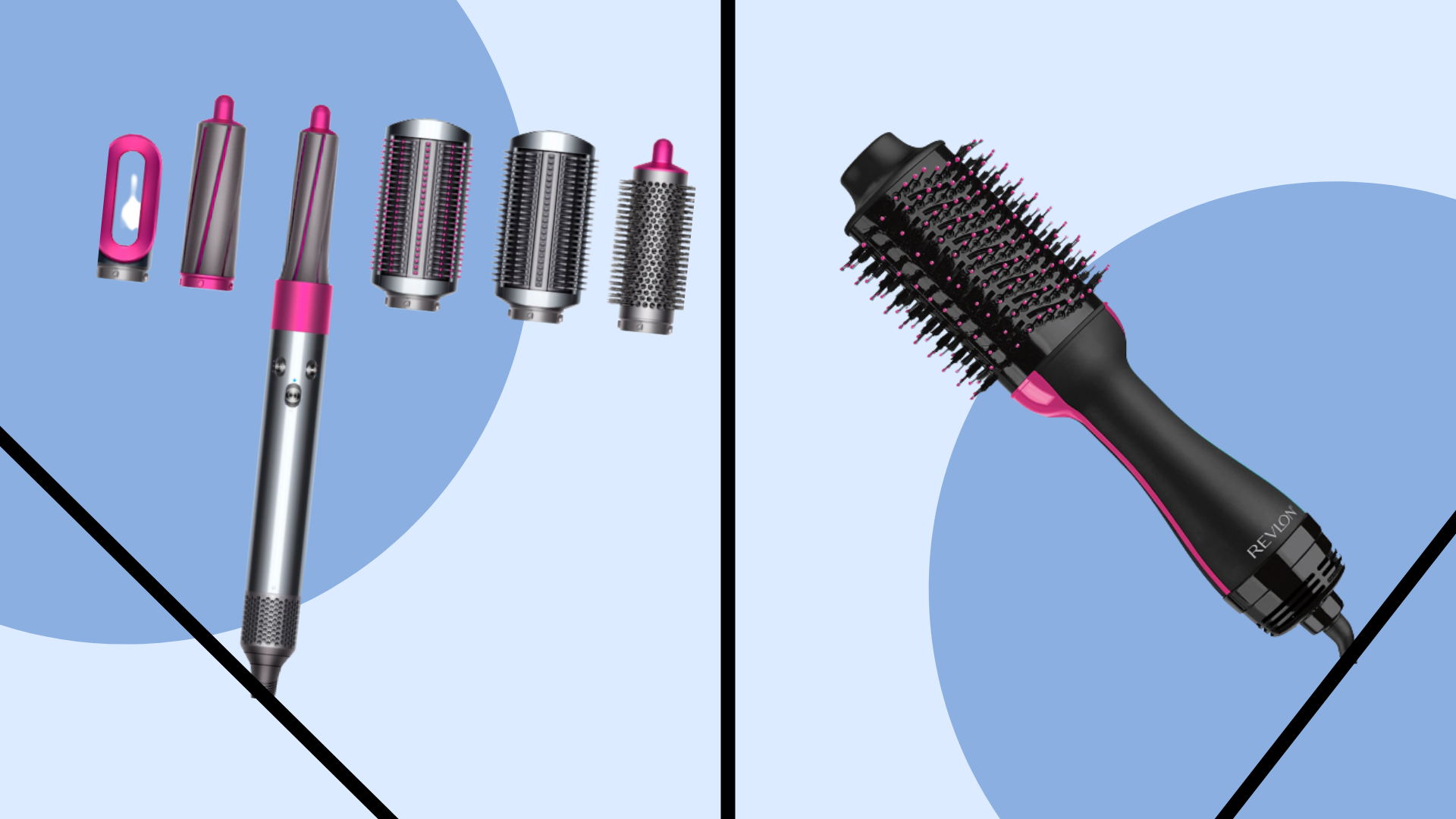 dyson airwrap and revlon one-step on blue background