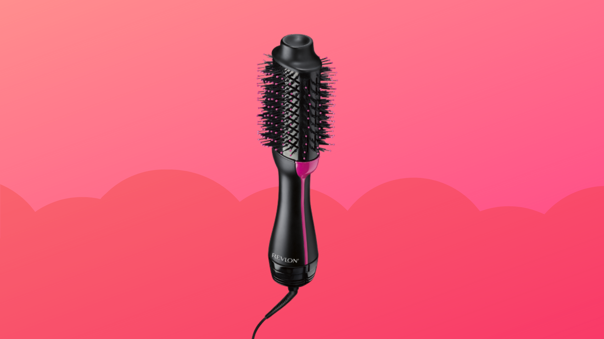 revlon one step on a pink and red background