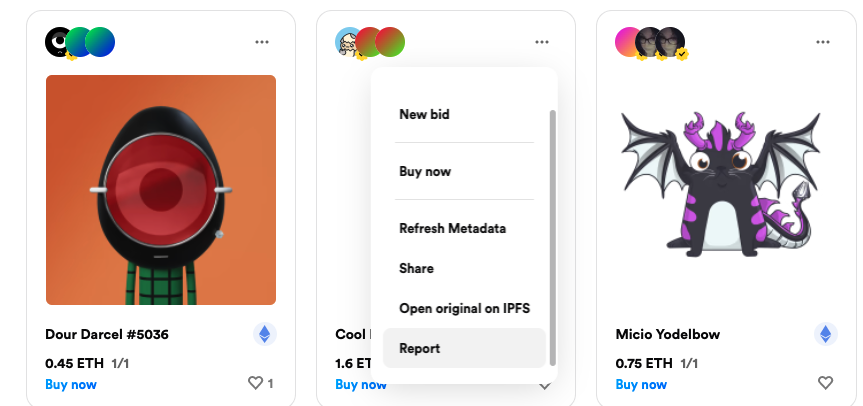 Screenshot of Rarible showing the "report" option.