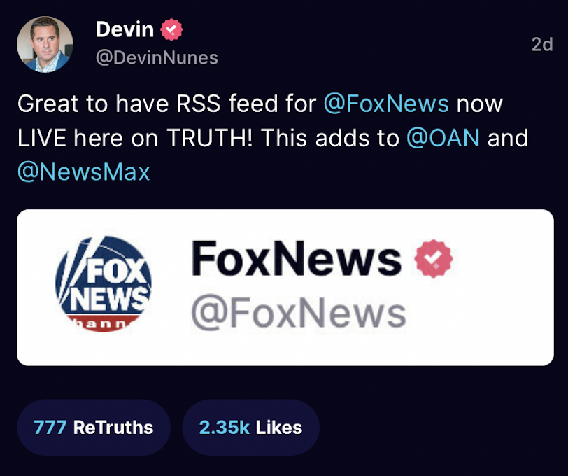 Devin Nunes welcomes @FoxNews to Truth Social
