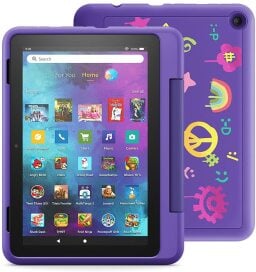 Amazon Fire HD 8 Kids Pro Tablet with purple case and apps on screen