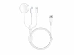 White charging cord with usb on one side and three ports on the other