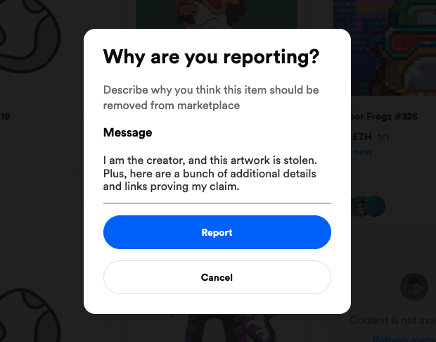 Screenshot of the "Report" feature on Rarible.