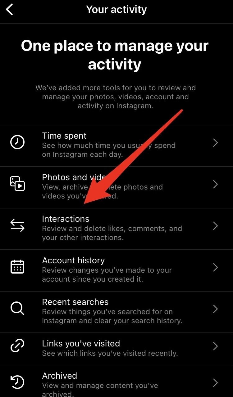 Red arrow pointing to "Interactions"