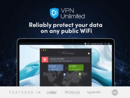 VPN screen on laptop below ad text