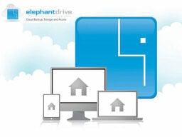 Blue elephant square graphic with computer, tablet, and laptop in front of it