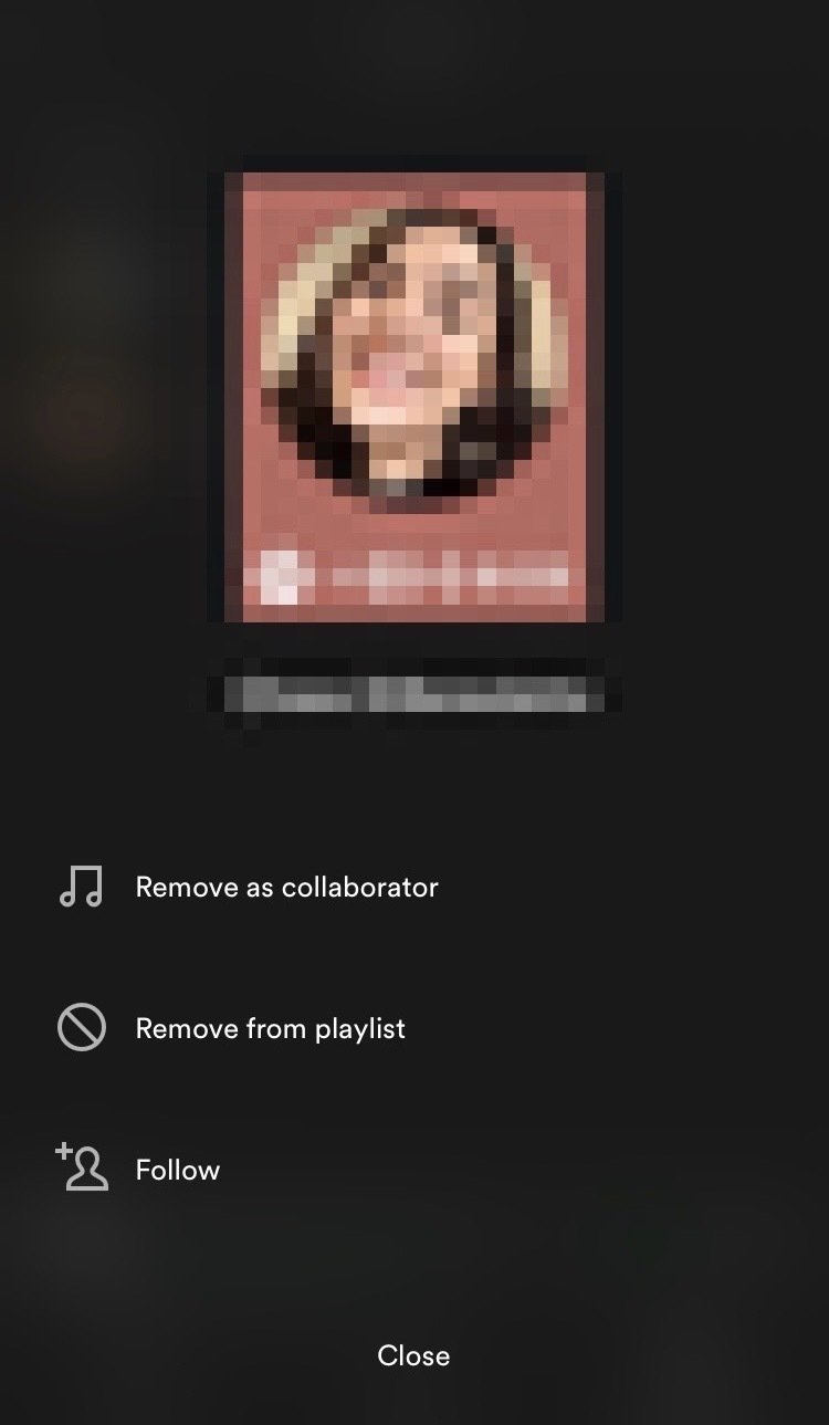 The options for removing someone from a Spotify playlist.