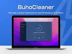 Laptop showing buhocleaner app with scanning junk window open